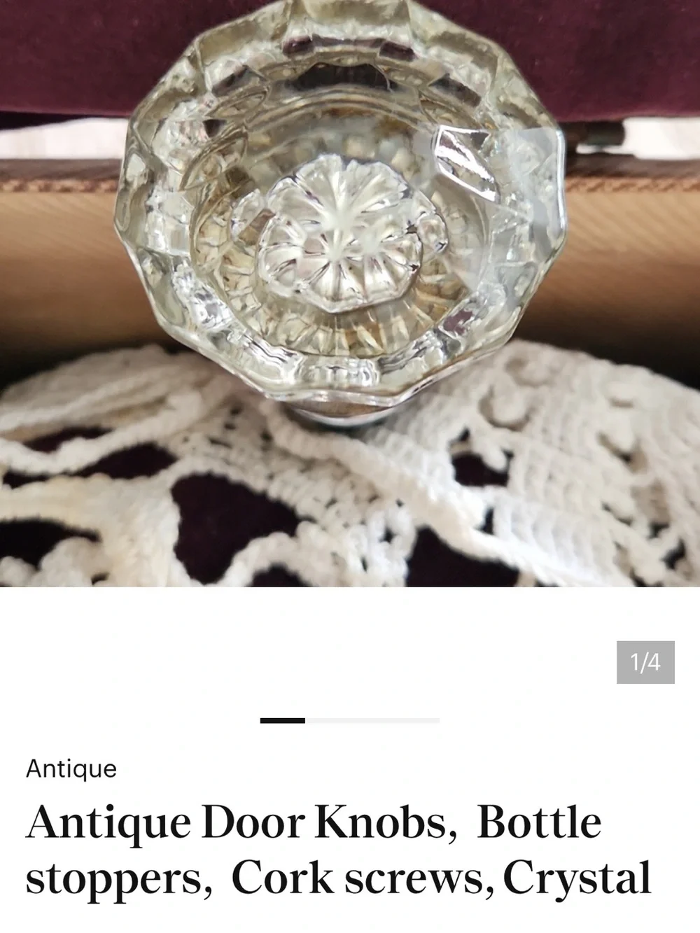 CRYSTAL ANTIQUE DOORKNOB CONVERTED TO CORKSCREW WINESTOPPER